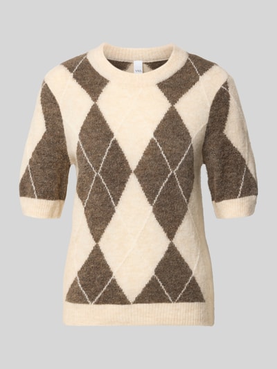 Produktfoto, Strickpullover aus Woll-Mix mit 1/2-Arm Modell 'JOHI' von YAS, creme und braun, Rautenmuster, weiche Textur, Allover-Look, Rundhalsausschnitt, Regular Fit
