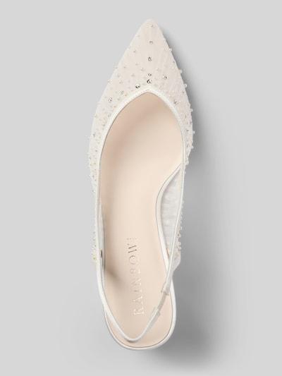 Produktfoto, Pumps in semitransparentem Design Modell 'Lucia' von Rainbow Club, cremefarben, spitze Passform, Ziersteinbesatz, 8 cm Absatzhöhe, Schaftweite 20 cm.