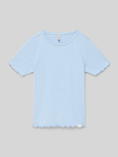 Productfoto, Regular Fit T-shirt uit katoenmix model 'Trinny' van Only, look: effen blauw, fijne ribstructuur, korte mouw met frill, ronde hals, rompzoom met frill, materiaalverwerking: fijnrib, katoenmix