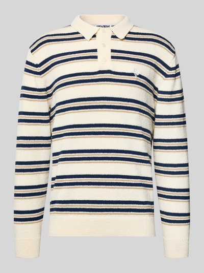 Produktfoto, Strickpullover mit Polokragen in Bouclé-Optik von Review für Herren, Regular-Fit, Streifenmuster in Beige und Blau, Knopfleiste, Label-Stitching, Rückenlänge 70 cm, Ärmellänge 64 cm
