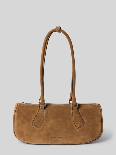 Produktfoto, Handtasche mit Label-Detail Modell 'CECILE' von LIEBESKIND BERLIN in braun, weiche Wildleder-Textur, silberfarbene Details, Hauptfach mit Reißverschluss, Tragehenkel, Maße: Breite 33 cm, Länge 15 cm, Tiefe 11 cm, Schulterriemen 66 cm.