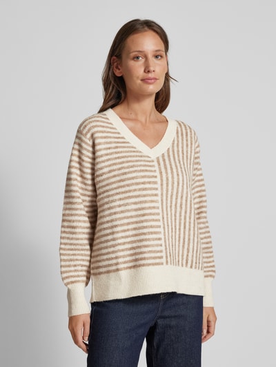 Vero Moda Comfort Fit Strickpullover mit zweifachem Streifenmuster Modell 'URANUS' Beige 4