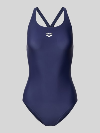Produktfoto, dunkelblauer Schnelltrocknender Badeanzug Modell 'Dynamo R' von Arena aus MaxFit Eco Material, körpernahe Passform, glatte Oberfläche, sportliches Design, geeignet für Schwimmen und Wassersport, chlor- und salzwasserbeständig, UV-Schutz, hergestellt mit recyceltem Polyamid.