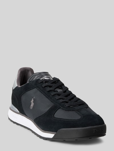 Produktfoto, Low Top Sneaker aus echtem Leder von Polo Ralph Lauren, unifarben in Schwarz mit Mesh-Einsätzen, Logo-Stitching, profilierte Sohle
