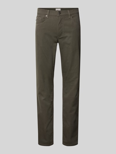 Produktfoto, Slim Fit Stoffhose mit 5-Pocket-Design Modell 'Cadiz' von Brax in Olivgrün, Baumwoll-Mix mit Stretch-Anteil, dezente Struktur