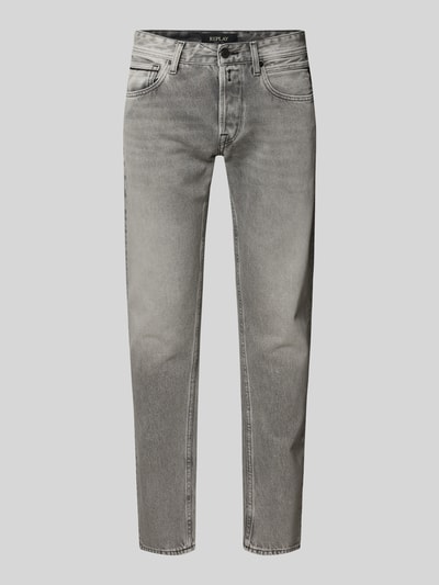 Produktfoto, Straight Leg Jeans im 5-Pocket-Design Modell 'Grover' von Replay, graue Farbe, Reine Baumwolle, Gerader-Schnitt, Knopf-Reißverschluss, Bundweite 44 cm, Innenbeinlänge 82 cm