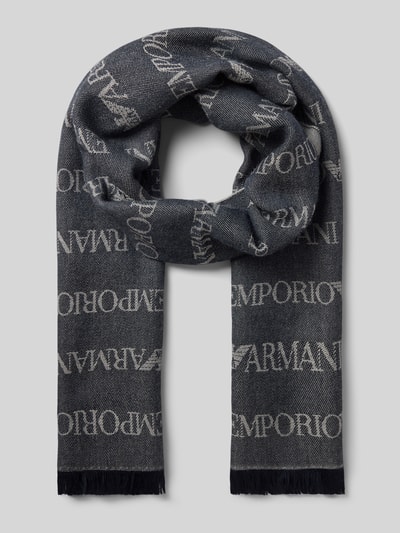 Produktfoto, Schal mit Logo-Muster und Fransen von Emporio Armani aus Material-Mix mit Lanawoll-Anteil, rechteckige Form, dunkle Farben, sichtbare Textur