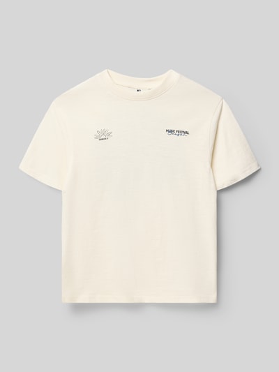 Productfoto, Regular Fit T-Shirt mit Logo-Print van Garcia van puur katoen, ronde hals, kindermode, lengte achteraan 55 cm bij maat 140, witte kleur, glad oppervlak, subtiele logoprint.