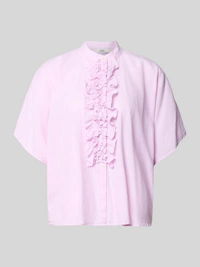 Produktfoto, Relaxed Fit Bluse mit Rüschen Modell 'DAISY' von 0039 Italy, mieszanka lnu i bawełny, stójka, falbany, jasnoróżowy, długość tyłu 66 cm, długość rękawów 26 cm, rozmiar S