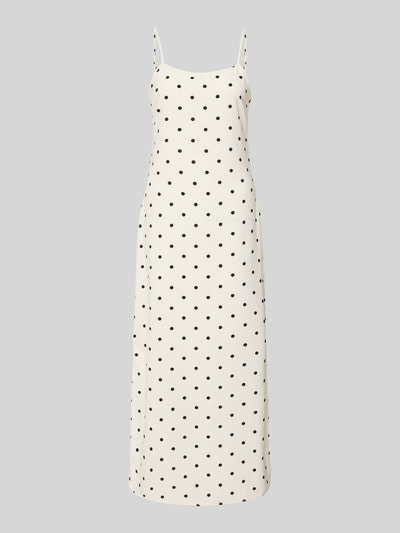 Produktfoto, Maxikleid mit Spaghettiträgern Modell 'SOPHIE' von Noisy May, cremefarben mit schwarzen Punkten, figurbetonter Schnitt, glatte Oberfläche, Material-Mix mit Stretch-Anteil, verstellbare Träger, modernes Design.