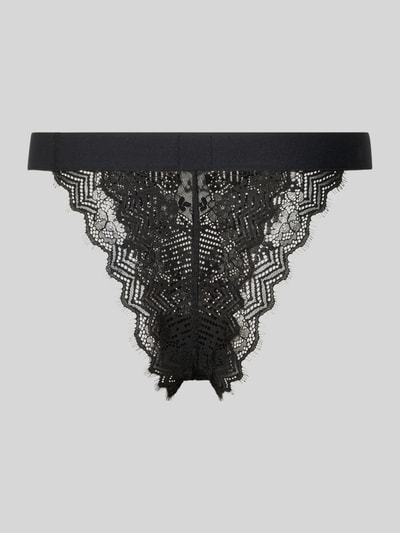 Produktfoto, Slip mit Label Patch Modell 'LACE' von HUGO in Schwarz, Semitransparente-Optik, abstraktes Muster, Spitze, elastischer Bundabschluss.