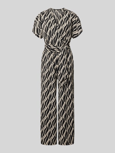 Produktfoto, Jumpsuit im Allover-Look mit V-Ausschnitt von Betty Barclay in Schwarz und Beige, Material-Mix mit Stretch-Anteil, Regular-Fit, Taillenband, Rückenlänge 42 cm, Brustweite 40 cm, Ärmellänge 34 cm, Gesamtlänge 136 cm, Innenbeinlänge 64 cm, strukturierte Optik.