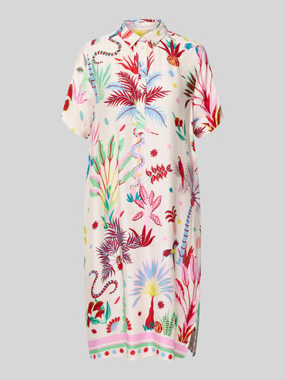 Produktfoto, Knielanges Hemdblusenkleid aus Viskose mit Knopfleiste von Milano Italy, farbenfrohes, florales Muster, Hemdblusenkragen, Loose-Fit, Knielänge, Rückenlänge 97 cm, Kurzarm, Brustweite 52 cm, Ärmellänge 25 cm