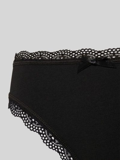 Productfoto, String aus Baumwoll-Mix im 3er-Pack Modell 'ESSENTIAL' van DORINA, zwart, gladde stof, kanten boord met satijnen strik, dames string, nauwsluitende pasvorm, set van 3