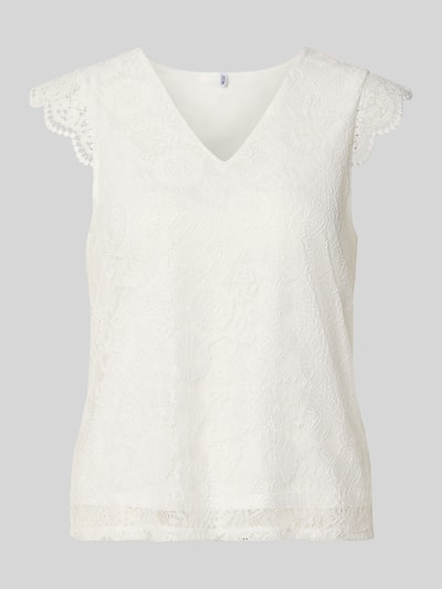 Produktfoto, weißes ärmelloses Regular Fit Blusentop mit Spitzenbesatz Modell 'OLLINE' von PIECES, Damen Blusentop, strukturierte Spitze