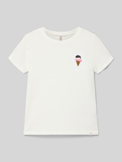 Produktfoto, Kinder T-Shirt Regular Fit T-Shirt aus reiner Baumwolle Modell 'VEGA' von Only in Optik: Unifarben mit Motiv-Stitching, Label-Applikation, Rundhals, Kurzarm, Jersey, reine Baumwolle, weiße Farbe, glatte Struktur