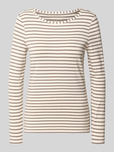 Produktfoto, Regular Fit Langarmshirt aus Baumwoll-Modal-Mix von Oui in Beige mit braunem Streifen-Muster, Rundhalsausschnitt, elastisch