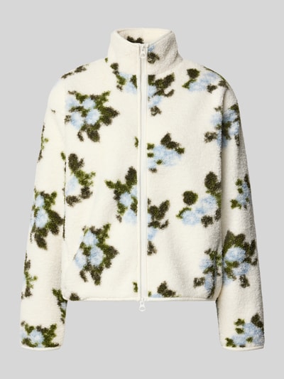 Produktfoto, Regular Fit Teddyjacke mit Allover-Muster Modell 'AUTUMN' von PIECES, cremefarben mit grün-blauem Floralmuster und flauschiger Textur, Damen Fleecejacke von PIECES
