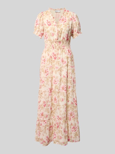 Produktfoto, Maxikleid mit floralem Allover-Print Modell 'Kanza' von Neo Noir aus Reine Baumwolle, Taillierte Passform, Rüschenbesatz, V-Ausschnitt, Smok-Detail, kurzärmelig, cremefarben mit Rosa und Grün, weiche Textur, Rückenlänge 136 cm, Brustweite 46 cm, Ärmellänge 18 cm.