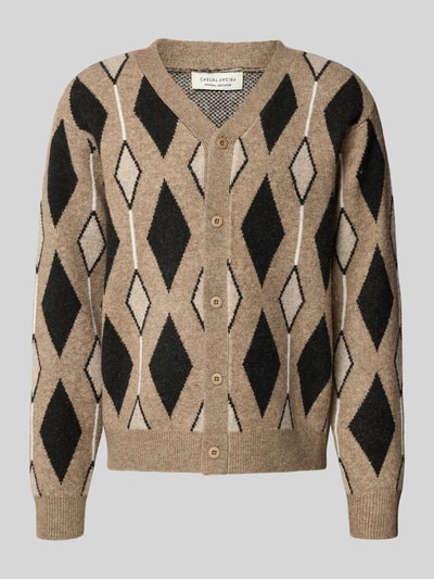 Produktfoto, Cardigan im Allover-Look Modell 'ALFRED' von Casual Friday, Material-Mix mit Woll-Anteil, Rauten in Beige und Schwarz