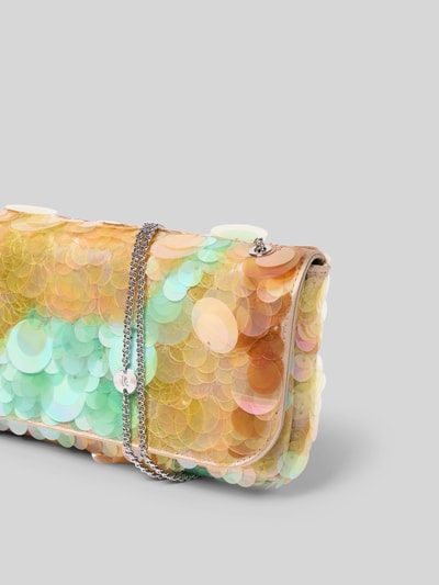 Produktfoto, Shoulder Bag mit Allover-Paillettenbesatz von Rabanne in Gelb und Mint mit Ketten-Optik, Logo-Prägung, Hauptfach mit Überschlag, Maße 26 cm Breite, 13 cm Länge, 3 cm Tiefe, glänzende Textur und runde Formen.