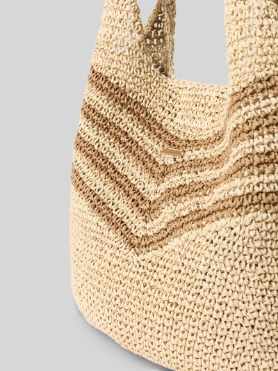 Produktfoto, shopper van puur katoen met bruin-beige strepen, geweven textuur, Hoofdvak met magneetsluiting, Model 'Serenea' van Barts, Breedte maat 1: 30 cm, Lengte: 26 cm, Diepte: 3 cm, Schouderbandlengte: 26 cm