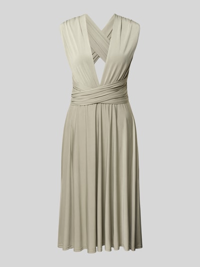 Produktfoto, Knielanges Cocktailkleid mit tiefem V-Ausschnitt von Rose Avenue in hellem Beige, taillierter Schnitt, weich fließender Stoff, gekreuzte Rückenträger, glänzende, glatte Textur