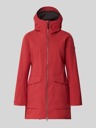 Produktfoto, Regular Fit Parka mit Logo-Applikation Modell 'Folka' von Didriksons, Damen Parka in Rot mit Stehkragen, Kapuze, Zweiwege-Reißverschluss und aufgesetzten Taschen, Maße: Rückenlänge 83 cm, Schulterbreite 40 cm, Brustweite 46 cm, Ärmellänge 64 cm.