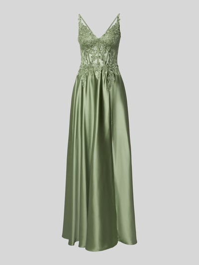 Produktfoto, Regular Fit Abendkleid mit floralem Stitching von Luxuar in Satin, hellgrün, Ziersteinbesatz, semitransparent, Spaghetti-Träger