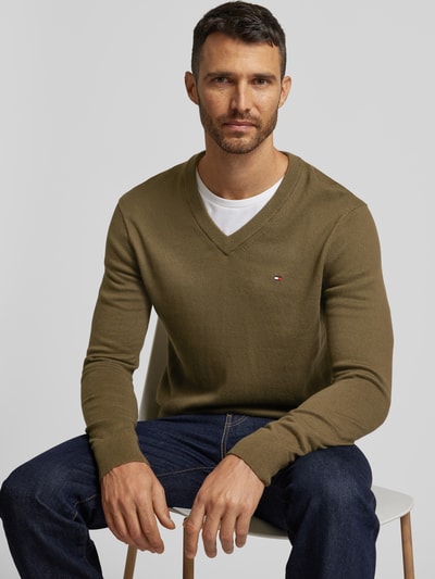 Tommy Hilfiger Gebreide pullover met logostitching, model 'PIMA' Olijfgroen - 3