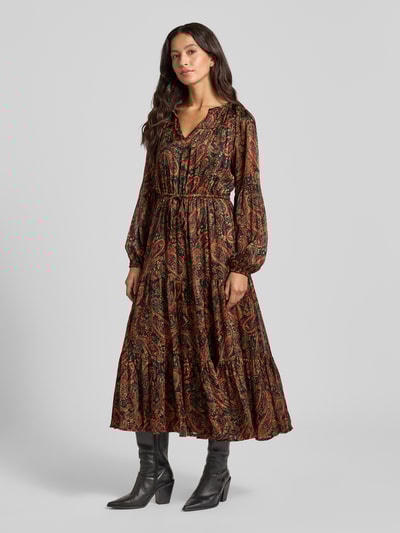 Apricot Midikleid mit V-Ausschnitt und Bindegürtel Rostrot 1