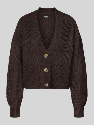 Produktfoto, Regular Fit Strickjacke mit einreihiger Knopfleiste Modell 'CAROL NICE' von Only, braun, grobe Strickstruktur, cropped, langarm, tiefer V-Ausschnitt, gerippte Abschlüsse, unifarben