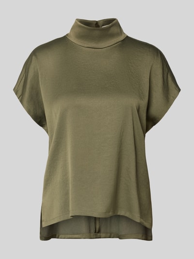 Produktfoto, Blusenshirt mit Stehkragen Modell 'ALARIA' von Drykorn, mieszanka materiałów z dodatkiem streczu, krój regular fit, długość tyłu w rozmiarze 36: 59 cm, kolor oliwkowy, gładka struktura