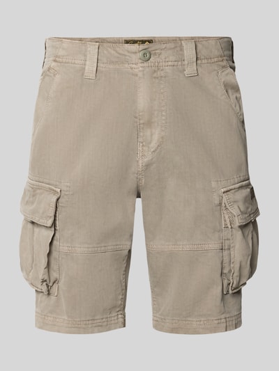 Produktfoto, beige Straight Fit Shorts mit Cargo-Taschen Modell 'Core' von Superdry aus elastischem Baumwoll-Mix, sichtbare Knöpfe und Reißverschluss, strukturierte Oberfläche