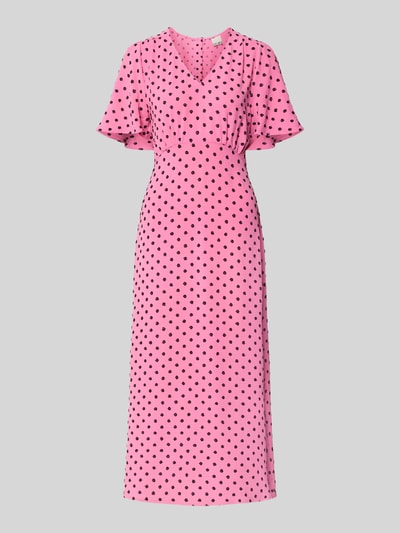 Productfoto, Midikleid met V-hals model 'ZABBY' van ICHI, A-lijn, all-over look, roze met zwarte stippen, vleermuismouwen, gladde textuur