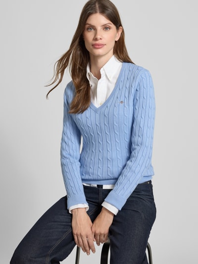Gant Pullover mit Logo-Stitching und Zopfmuster Hellblau 3