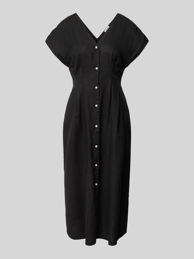 Produktfoto, Midikleid aus Leinen-Viskose-Mix mit V-Ausschnitt von ICHI, taillierter Schnitt, Knopfleiste, Allover-Look, Schwarz