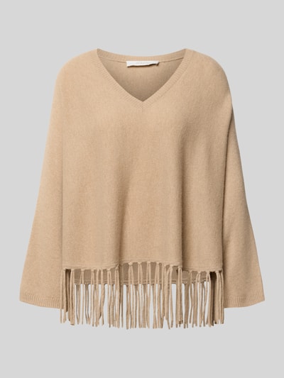 Produktfoto, Relaxed Fit Pullover aus Woll-Mix mit Kaschmir-Anteil von HERZENS, beige, Strick-Optik, Fransen-Abschluss, V-Ausschnitt, langärmelig, Rückenlänge 52 cm, Ärmellänge 64 cm