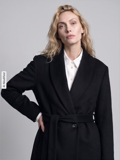 Frauenmodel trägt Regular Fit Mantel mit Woll-Anteil Modell 'Mindina' von HUGO in Schwarz, weiße Knopfleiste, glatte Textur, Nahaufnahme Oberkörper, Damen Mantel von HUGO, KI-modifiziertes Bild.
