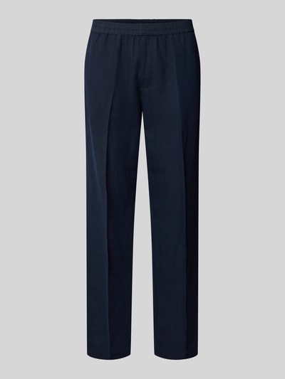 Produktfoto, dunkelblaue Straight Fit Hose aus Leinen-Mix von Filippa K mit Bügelfalten, Taschen und elastischem Bund, frontalansicht
