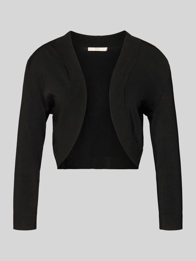 Produktfoto, schwarzer Bolero mit Schalkragen von Jake*s Cocktail aus Viskosemischung, schimmerndes Material, offene Vorderseite, Dreiviertel-Ärmel, gerippte Abschlüsse, Rückenlänge bei Größe 36: 39 cm