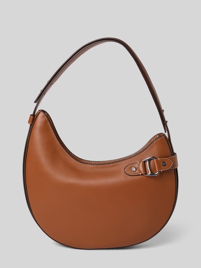 Produktfoto, Schultertasche in sattem Braun, glatte Textur, Zierschnalle, Reißverschlussfach innen, Shoulder Bag aus echtem Rindsleder Modell 'Tasha' von Lauren Ralph Lauren, Maße 32x32x6 cm, Schulterriemen 51 cm, Hauptfach mit Reißverschluss