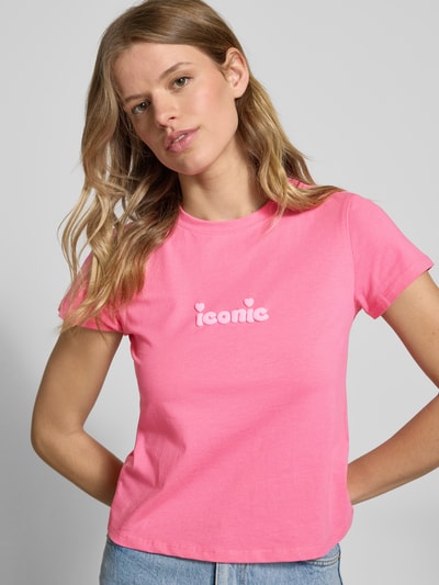 Review T-shirt met statementstitching Neon roze - 3