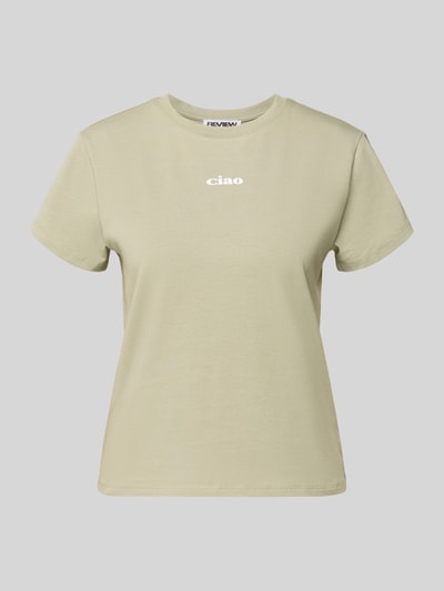 Produktfoto, T-Shirt mit Print und Rundhalsausschnitt von REVIEW aus Baumwoll-Elasthan-Mix in Hellgrün, Regular Fit, kurzer Schnitt, glatte Struktur