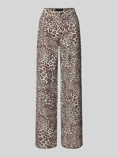 Produktfoto, Wide Fit Jeans mit Allover-Animal-Print von Marc Cain z mieszanki bawełny z elastanem, krój wide fit, zwierzęcy nadruk na całej powierzchni, 5 kieszeni, zapięcie na guzik i zamek błyskawiczny, szerokość w pasie 37 cm, długość wewnętrzna nogawki 83 cm, kolory brązowy, czarny i beżowy, tekstura gładka.