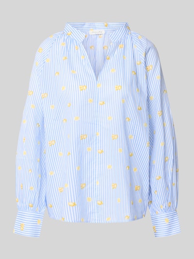 Produktfoto, Relaxed Fit Bluse mit V-Ausschnitt von Christian Berg Woman aus reiner Baumwolle im Allover-Look mit Stehkragen, gelb-blaues Streifenmuster