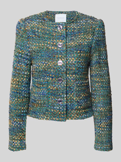 Produktfoto, Blazer mit Woll-Anteil von Rich & Royal, buntes Strukturmuster, körpernahe Passform, Rundhalsausschnitt, Mix aus Blau, Grün und Gelb, Produktdetails: Rückenlänge 54 cm, Brustweite 46 cm, Ärmellänge 66 cm, Damen Blazer