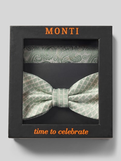 Produktfoto, Fliege aus Seide im Set mit Einstecktuch von Monti, mintgrün mit Paisley-Muster und Rauten, klassische Form, strukturierte Oberfläche.