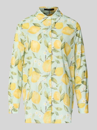 Produktfoto, Regular Fit Bluse im Allover-Look von Oui aus reiner Baumwolle, mit Hemdblusenkragen und Knopfleiste, grün-gelbes Muster