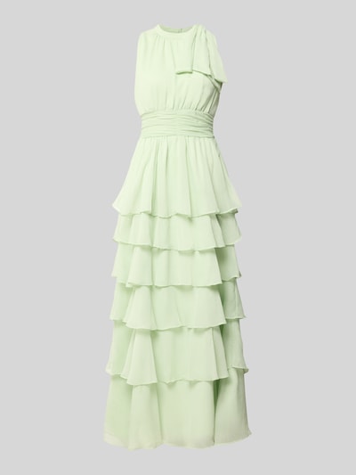 Produktfoto, Abendkleid mit Volantsaum Modell 'MARLI' von Neo Noir aus hellgrünem Chiffon, Taillierter Schnitt, Maxikleid, Rundhalsausschnitt mit Schluppe, rückseitiger Schlüsselloch-Ausschnitt, Smok-Details, Rückseite 145 cm, Brustweite 29 cm bei Größe 36.
